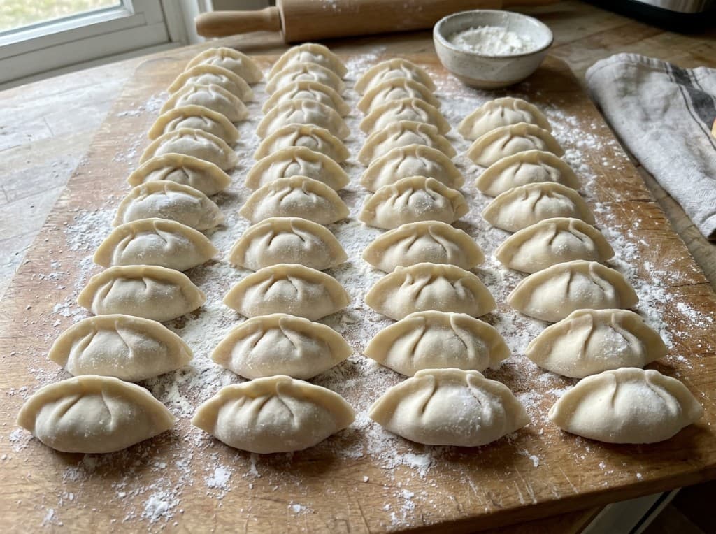 Ручная лепка пельменей на деревянной доске